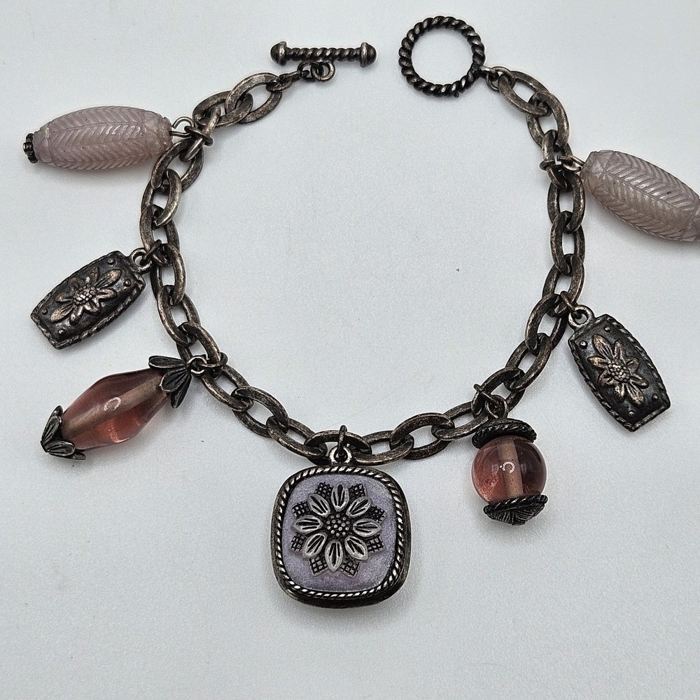 VINTAGE Napier Silver Tone Glass Beaded Charm Bracelet Sunflower Toggle Clasp